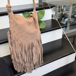 Fringed Suede Crossbody Bag in Taupe